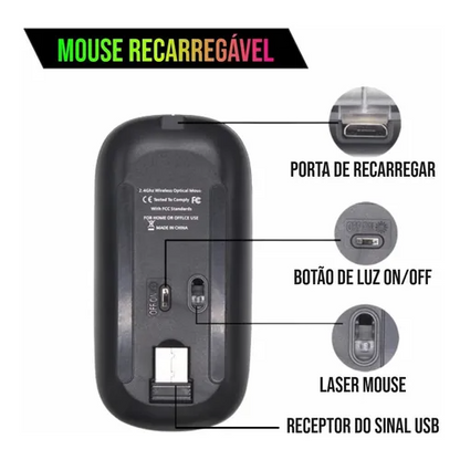 Mouse Sem Fio Recarregável Wireless Led Rgb Ergonômico